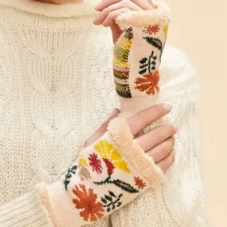 Ladies Wrist Warmers Watercolour Floral Cream