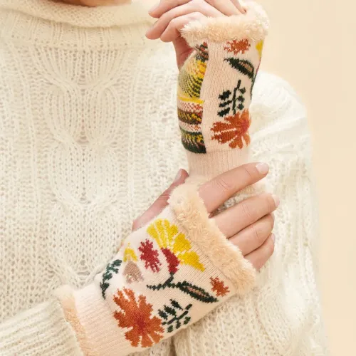 Ladies Wrist Warmers Watercolour Floral Cream