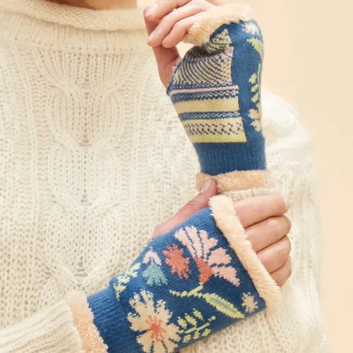 Ladies Wrist Warmers Watercolour Floral Denim